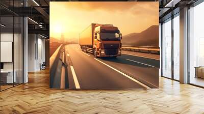 Logistics import export and cargo transportation industry concept of Container Truck run on highway roads at sunset, moving by motion blur effect Wall mural