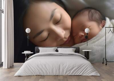 Mom and Newborn,Happy family concept.Close up view of beautiful Asian mother and her sleeping newborn baby.Mother holding baby hand in one hand and holding hand the baby with eyes closing  Wall mural