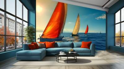 Sailing Competition: Sailboats racing on the open sea, with vibrant sails and a clear horizon Wall mural