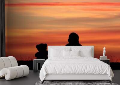 Baby and teddy bear toy silhouette sitting on grass and look at sunset sky Wall mural