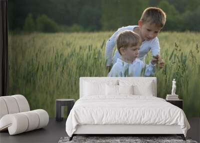 Children play in green wheat field, brothers like agriculture Wall mural