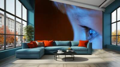 Close of blue eyes child focus on tv, late night modern education, conceptual Wall mural