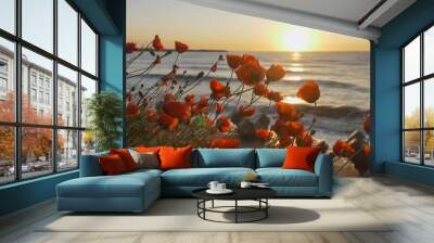 Nature landscape panorama of poppies on beach at sunrise Wall mural