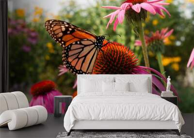 Monarch Butterfly sips nectar from daisy flowers in a beautiful prairie garden in Summer  Wall mural