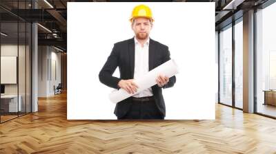 Portrait of architect wearing suit and yellow hardhat holding project plan on white background Wall mural