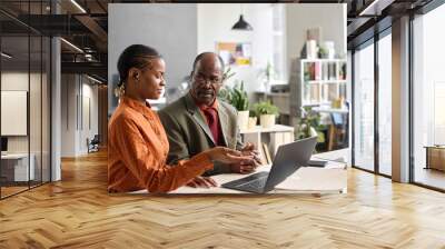 Side view portrait of modern young businesswoman instructing senior employee at age inclusive office and pointing at laptop screen copy space Wall mural