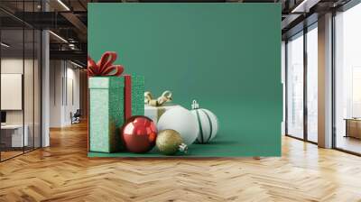 3d render of christmas gift box and baubles on green background, Ai Generated Wall mural