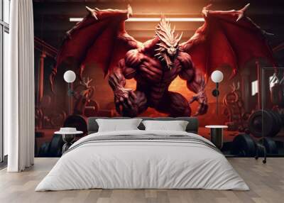 3d rendering of a dragon in a gym with dumbbells, Ai Generated Wall mural