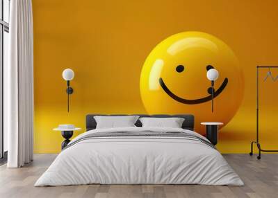 3d smiley face on yellow background, emoticon, ai generated Wall mural