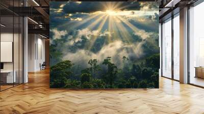 Aerial view of beautiful tropical rainforest with sunbeams, Ai Generated Wall mural