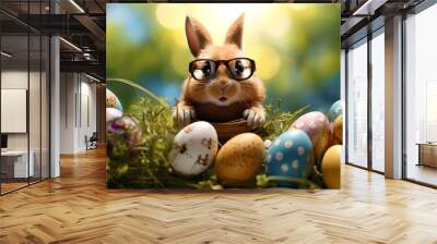 Cute Rabbit Wearing Glasses with Easter Eggs on Bokeh Background, Ai Generated Wall mural