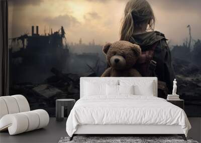 Girl in a military uniform with a teddy bear on the background of the destroyed city, Ai Generated Wall mural