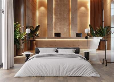 Interior of modern hotel reception with reception desk and plants, Ai Generated Wall mural