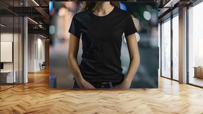 Young woman in a black T-shirt in the city at night, Ai Generated Wall mural