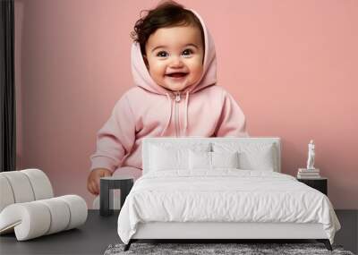 A baby wearing a pink hoodie and pink pants is sitting on a pink background Wall mural