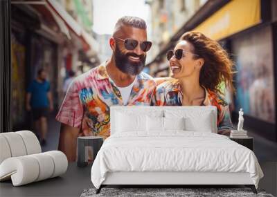 A man and woman are smiling and walking down a street Wall mural