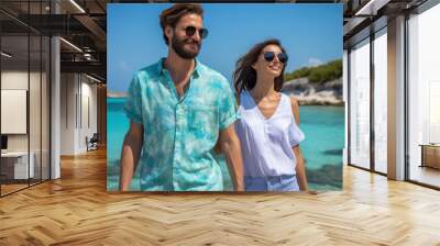 A man and woman are walking on a beach, both wearing sunglasses Wall mural