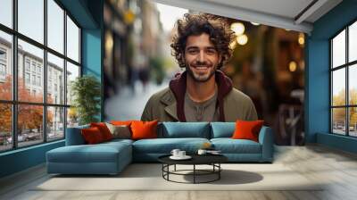 A man with curly hair is smiling and wearing a green jacket Wall mural