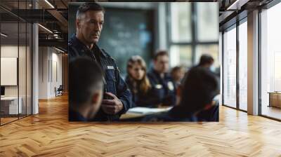 A police officer is standing in front of a group of people, possibly students Wall mural