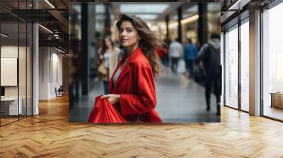 A woman in a red coat is walking through a mall with other people Wall mural