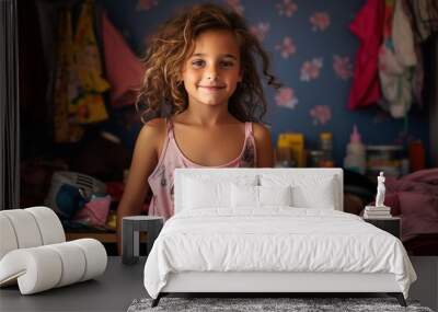 A young girl is standing in a messy room Wall mural