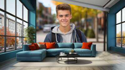 A young man wearing a blue jacket and a gray hoodie is smiling for the camera Wall mural