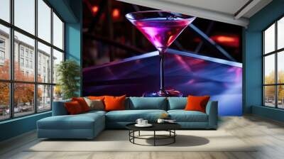 a cocktail on a bar with violet chair, light black and red Wall mural