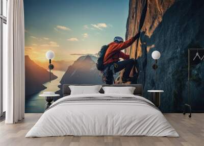 climber climbs the big rock, high mountains lofoten island, hiper northen light, midnight sun Wall mural