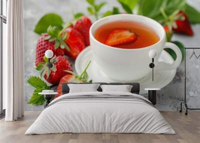 cup of black tea wild strawberries Wall mural