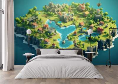 Isometric map of some tiny isle with houses on it in the carribean sea, video game concept art Wall mural