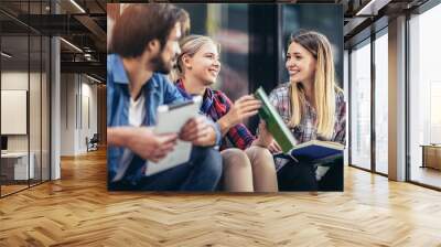 Education, campus, friendship and people concept. Group of happy students outdoor Wall mural