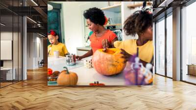 Family has fun in Halloween time Wall mural