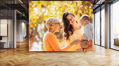 Grandmother and mother smiling at baby in autumn park. Wall mural