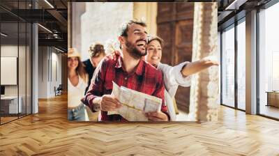 Happy group of tourists traveling and sightseeing Wall mural