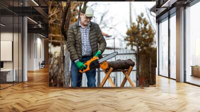 Man cutting wood with saw, dust and movements. Chainsaw. Wall mural