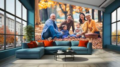 Multl generation family in autumn park having fun Wall mural