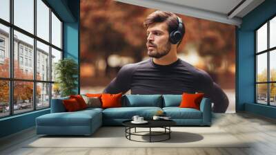 Portrait of  young man on a morning jogging in the autumn park, man listening to music with headphones Wall mural