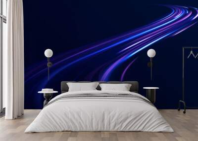 Abstract energy in the form of stripe, arc, curl and zigzag in neon colors with light effect. Light and stripes moving fast over dark background. High-speed light trails effect.  Wall mural