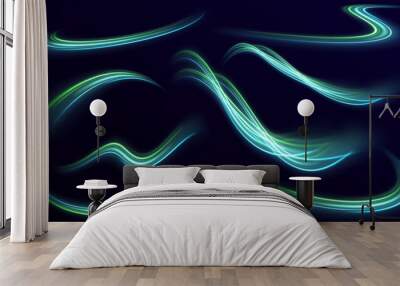 Neon color glowing lines background, high-speed light trails effect. Particle motion effect. Magic of moving fast lines. Vector illustration Wall mural