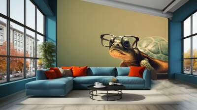 Smart and Adorable. Tiny and Terrific. A Cute Little Green Turtle with Glasses. Generative AI Art Wall mural