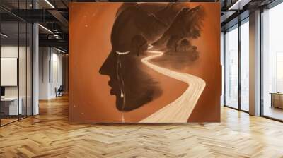 abstract portrait symbolizing depression and psychotherapy. Profile of a woman with a road and tears Wall mural