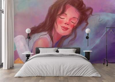 beautiful girl or young woman who sleeps in bed under a quilted blanket and hugs a pillow smiling in a dream. good dream. Wall mural