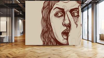 hand drawn line drawing of scared woman Wall mural