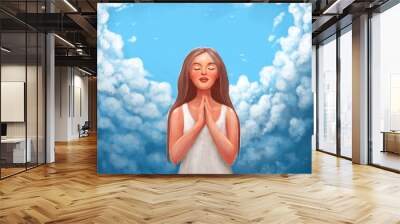 illustration of a beautiful girl woman during prayer against the background of a large blue sky with many clouds. Purity of Consciousness, Spiritual Bliss Wall mural