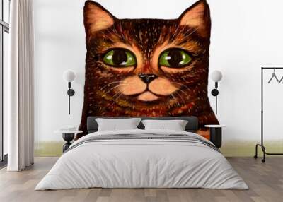 illustration of a funny cartoon tabby cat, ginger brown, sitting with its paws out and looking at the camera. Crayon-drawn funny kitten with green big eyes Wall mural