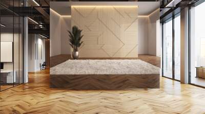 luxury studio apartment in a loft style in light colors. Stylish modern room area with wooden floor parquet and white comfortable soft woolen carpet. 3d render Wall mural