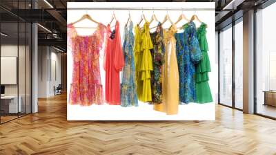 colorful clothes choice of casual clothes on wooden hangers Wall mural