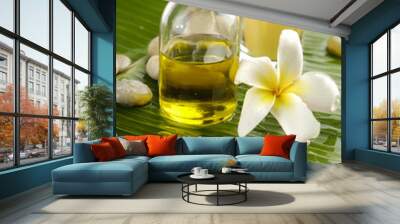 frangipani and stones with yellow candle ,oil on wet banana leaf Wall mural