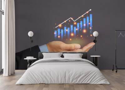 digital increasing bar business graph growth on the palm with a gray background Wall mural