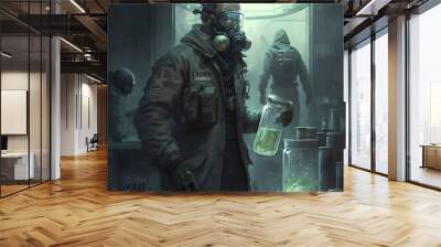 Soldier in gas mask standing ready for action in military gear Wall mural